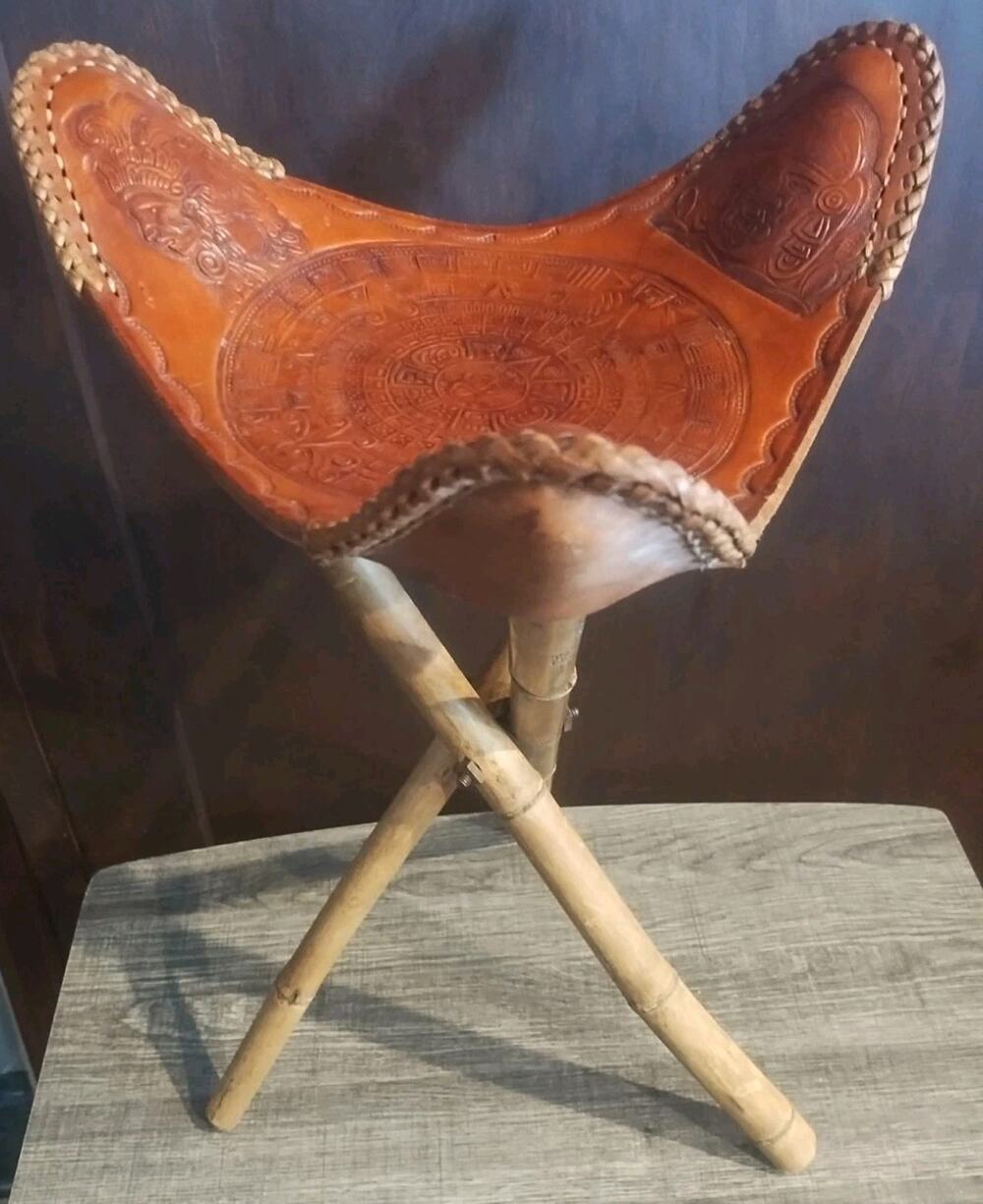 Vintage Western Saddle Tripod foot Stool Hand tooled Leather 1970s orange brown